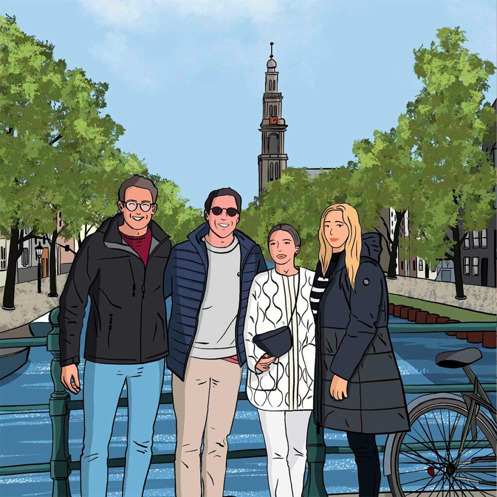 Ilustración personalizada con grupo de amigos sobre fondo elaborado.