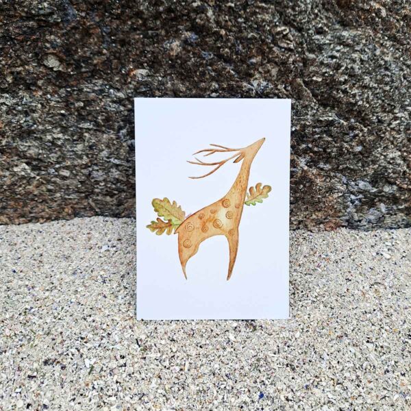 Postal ciervo con hojas de carballo.