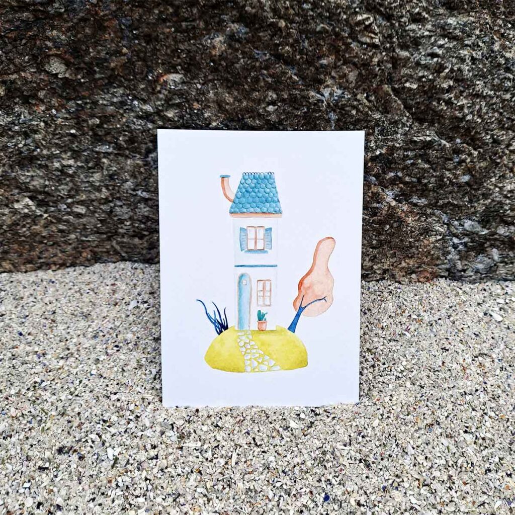 Postal casa con árbol.