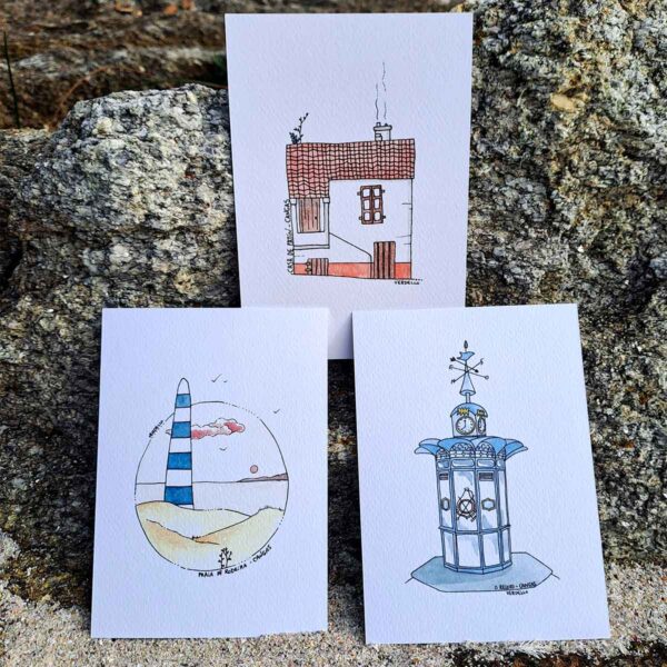 Pack postales de Cangas: casa patín, Rodeira y Reloxo.