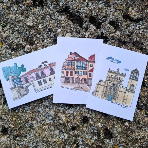 Pack de postales de Pontevedra: plaza Méndez Núñez, Plaza da Leña y Santa María la Mayor.