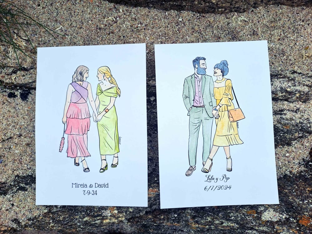 Live art: amigas y amigos en una boda. Acuarela en directo.